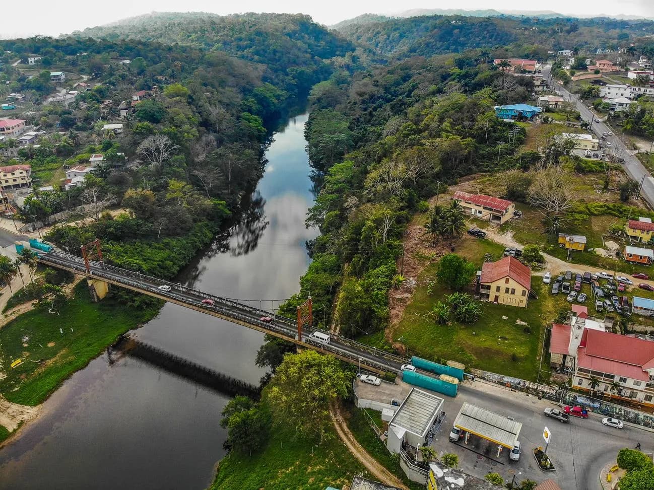 Aerial view of the Macal River and Hawksworth Bridge in San Ignacio, Cayo District, Belize